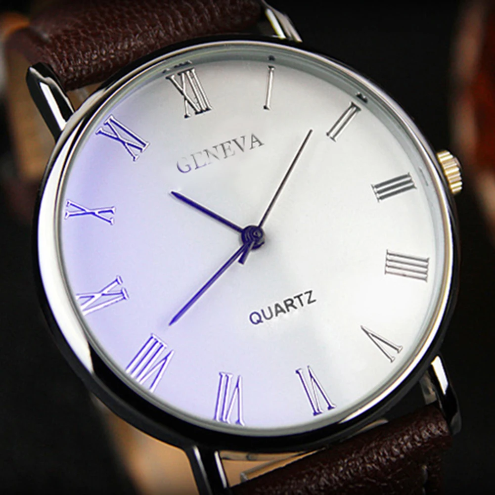 Hot Sale New 2023 Men Watch Roman Numerals Blu Ray Faux Leather Band Quartz Analog Business WristWatch