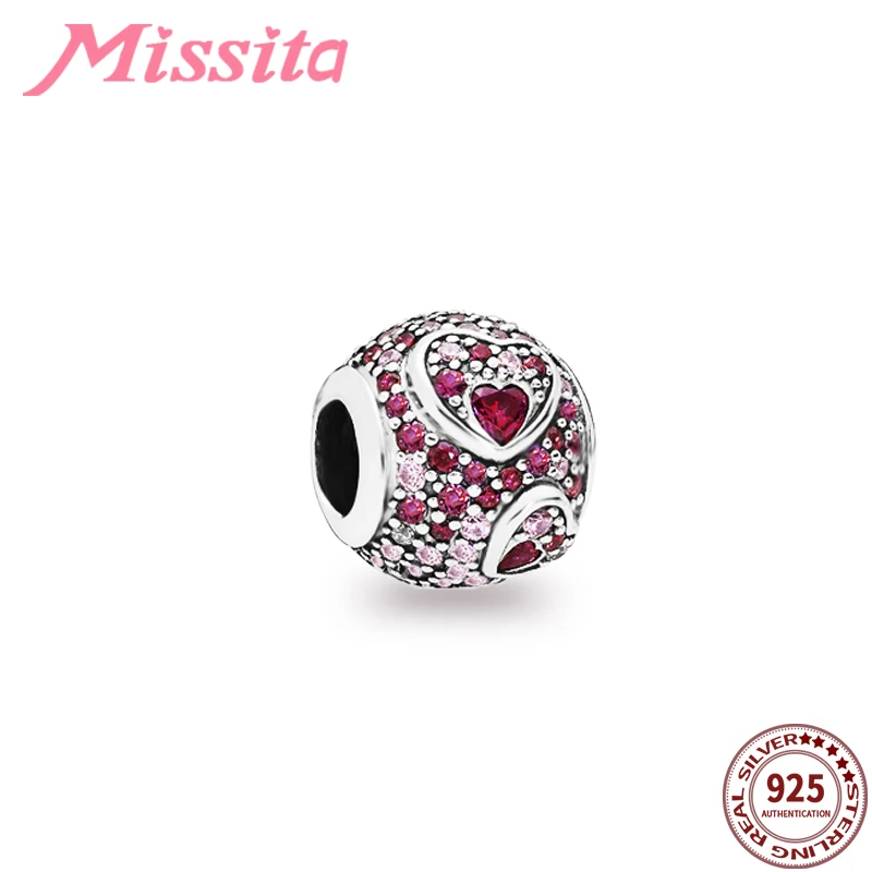 MISSITA New Fashion Love Heart Red Crystal Charm fit Pandora Charm Bracelet DIY Jewelry Women Jewelry Accessories Gift