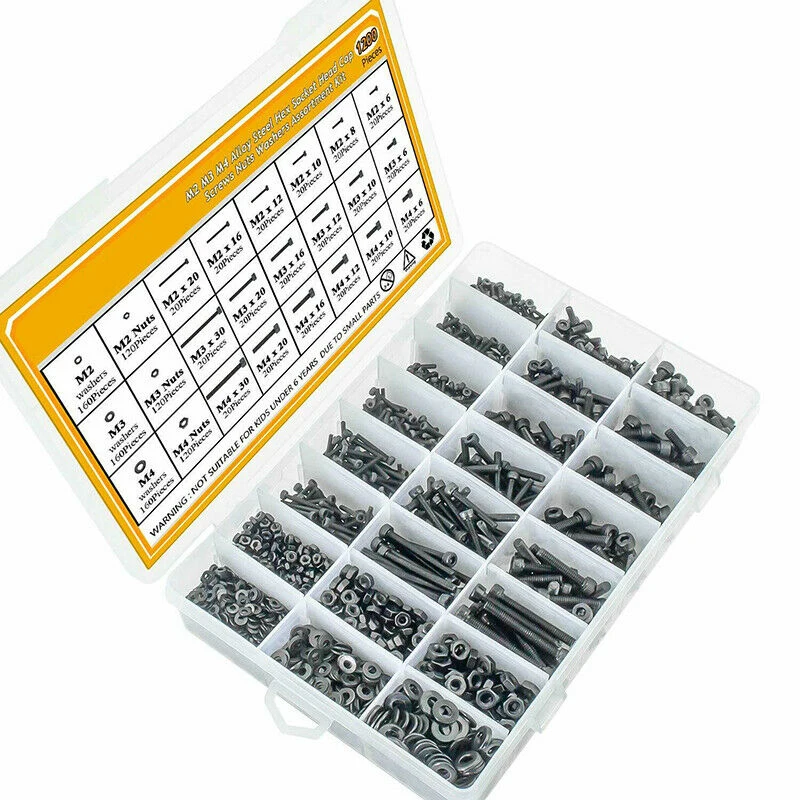 

2020 New 1200pcs Hexagon Bolts Screws & Nuts M2 M3 M4 Gaskets Hardware Repair Screw Fastener Set High Quality