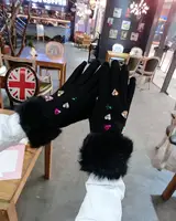 Cool Cashmere Gloves Rabbit Hair Mouth Love Color Rhinestone Cashmere Gloves Korean Fashion Thicken Warm Touch Screen GlovesA395