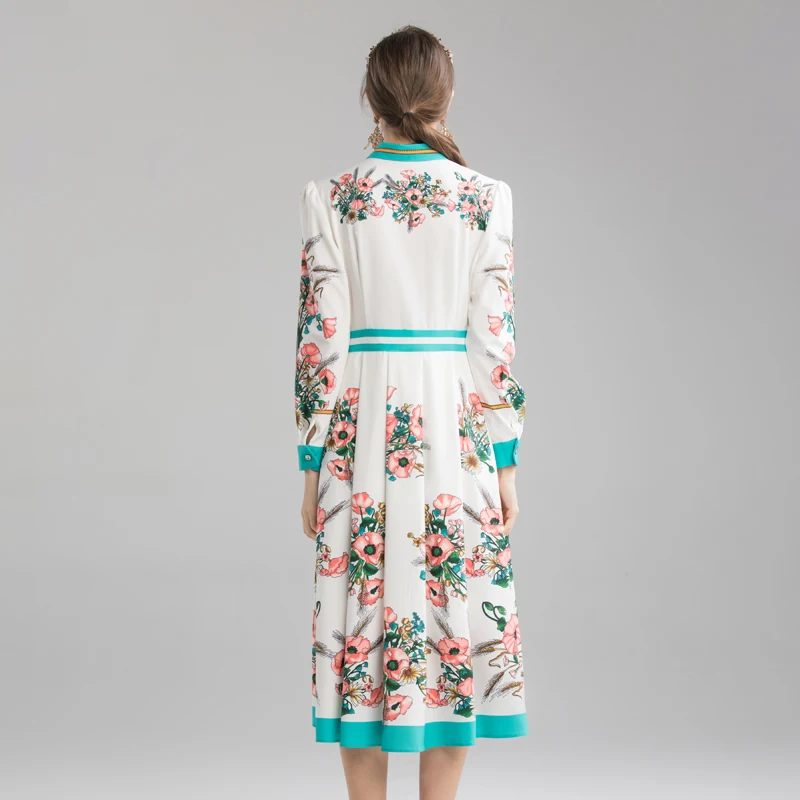 VERDEJULIAY Runway Office Ladies Midi Dress Spring Autumn New Fashion Full Sleeve Flower Print Sweet Elegant Pleated Dress