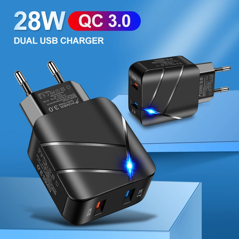 

QICHSHJIN 5V 3A EU Plug LED Light 2 USB Adapter Mobile Phone Wall Charger Device Quick Charge QC 3.0 Mobile Charger Fast Charger