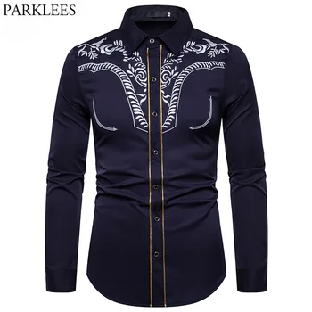 

Men's Fashion Embroidered Shirt Western Cowboy Shirt Men Casual Slim Long Sleeve Gold Striped Shirt Chemise Camisa Masculina XXL