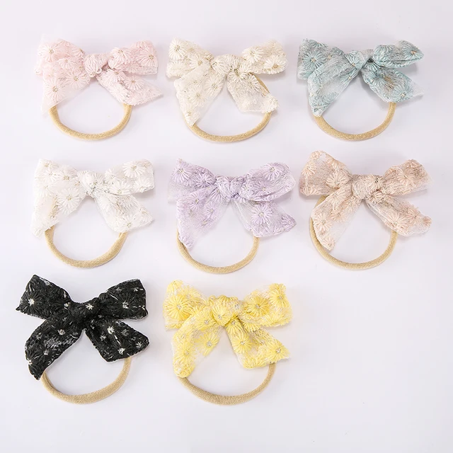 36pc/lot Solid Embroidery Lace Hair Bow Headband with Thin Nylon Headband for Baby Girls Flower Nylon Headband Hairpins Headwear