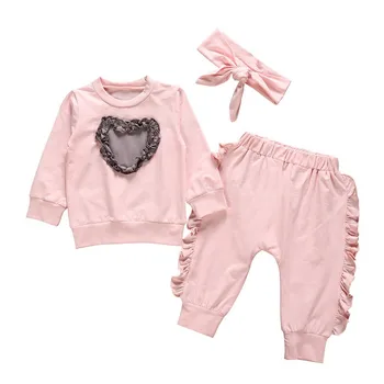 

Newborn Spring Autumn Baby Girls Clothes Outfits Love Heart Sweatshirt Tops+Ruffle Pants+Headband 3Pcs Set Toddler Girls Clothes