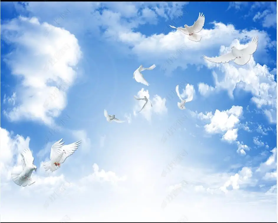 

Custom ceiling wallpapers for walls 3 d ceiling zenith murals Blue sky white cloud sky pigeon ceiling background wall painting