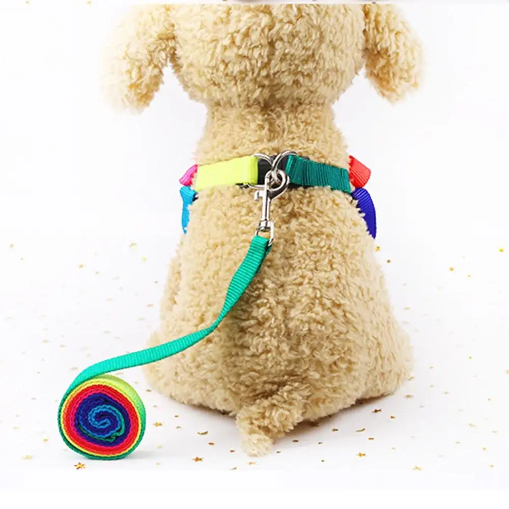 Colorful Rope Chest Strap Dog Leash With Chain Cute Rainbow Practical Pet Dog Traction Dog Rope