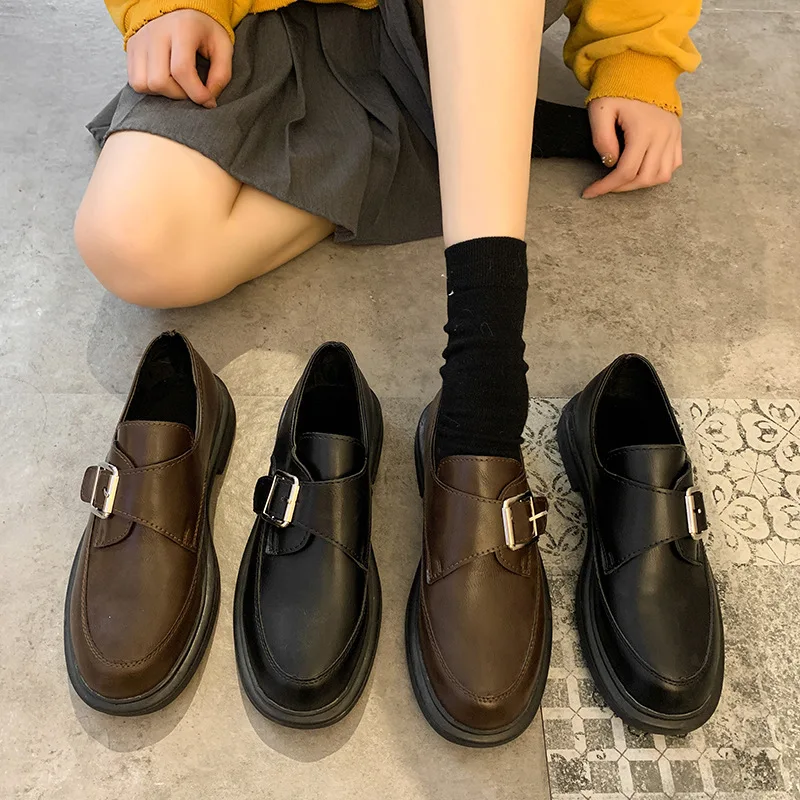 

Autumn Spring New Casual Shoes Woman Solid Leather Shoes Metal Belt Buckle Square Slip on oxford shoes British Women's Shoes