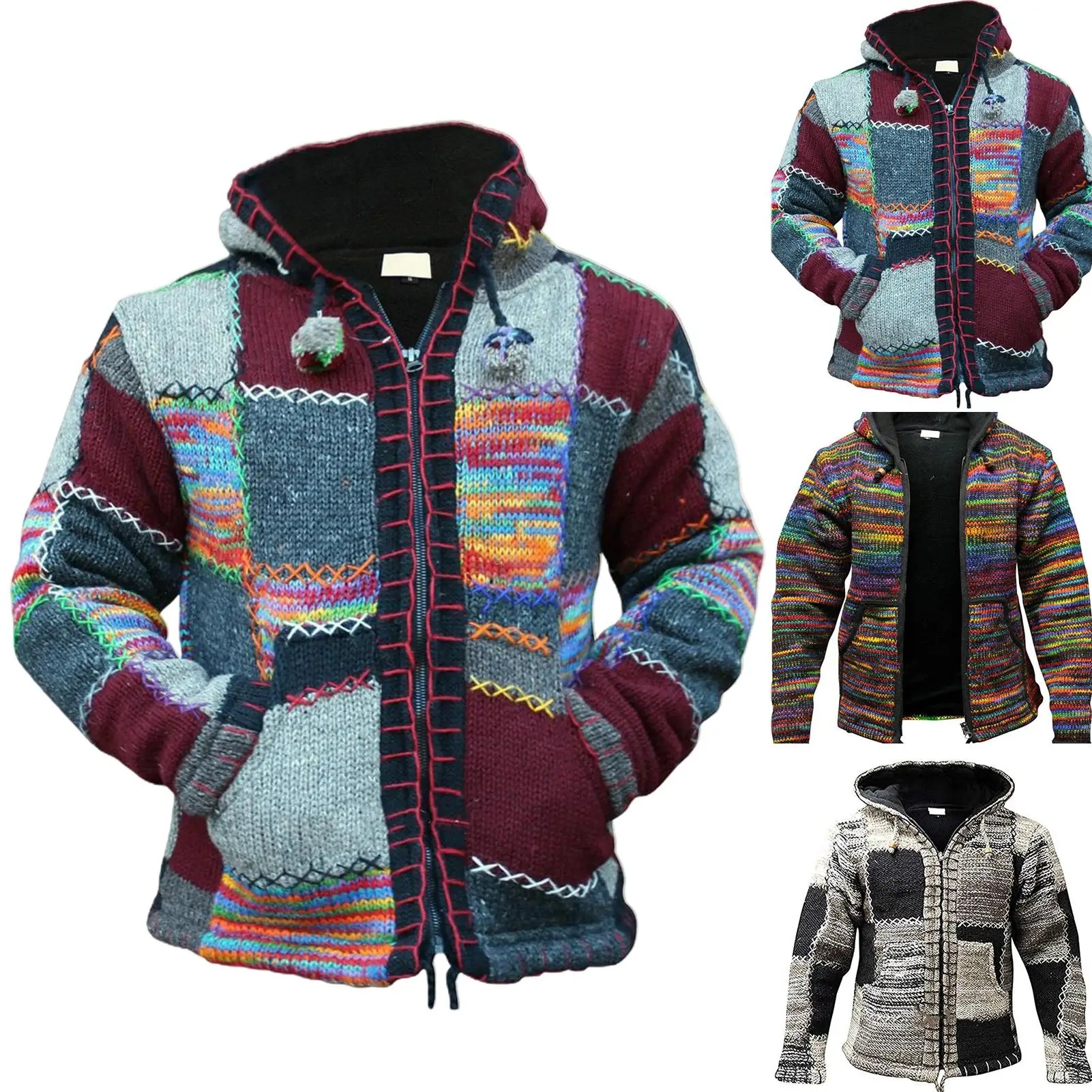 

Men Style Pocket Cardigan Hooded Coat Casual Loose Ethnic Long Sleeve Patchwork Knitted Jacket Male Outwear Pluse Size M-5XL New