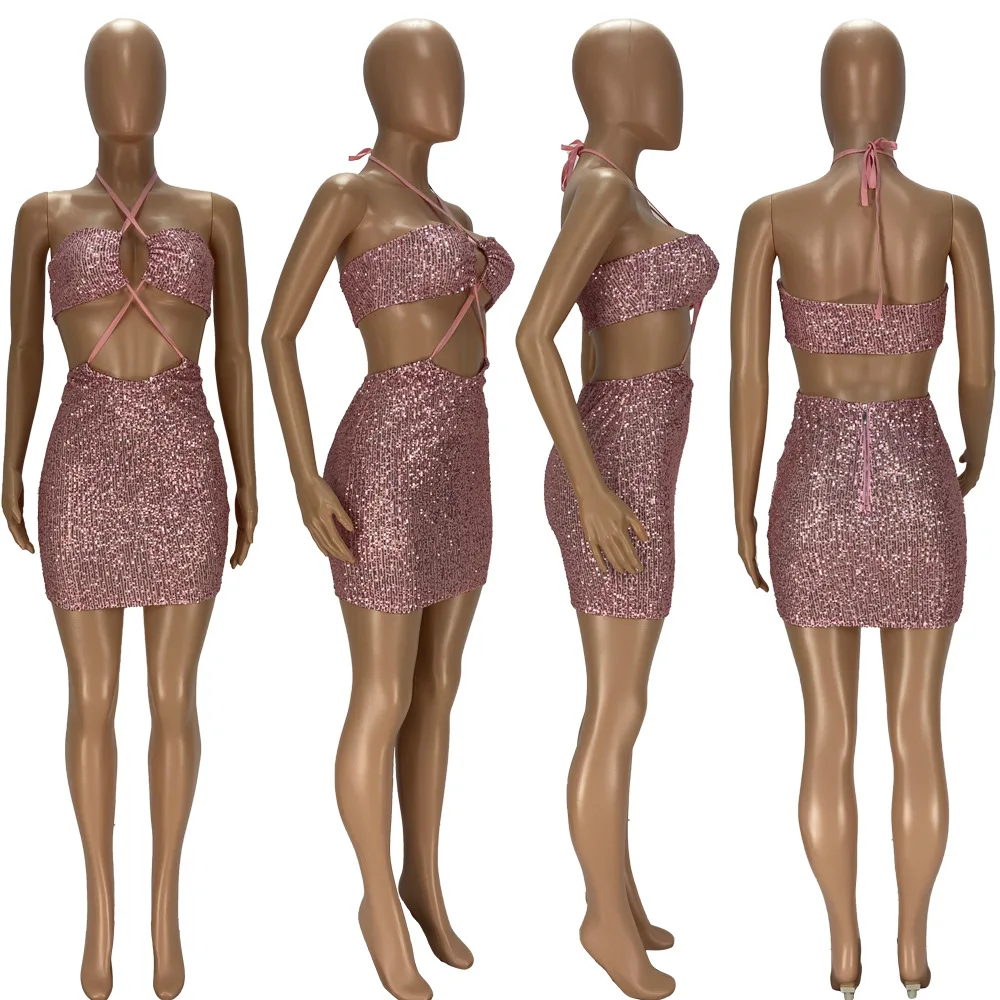 Ladies Suit Lace-Up Leaky Back Sexy Wrapped Top + Mini Skirt Two-Piece Set 2021 Fall Pure Color Sequined Female Slim Short Skirt