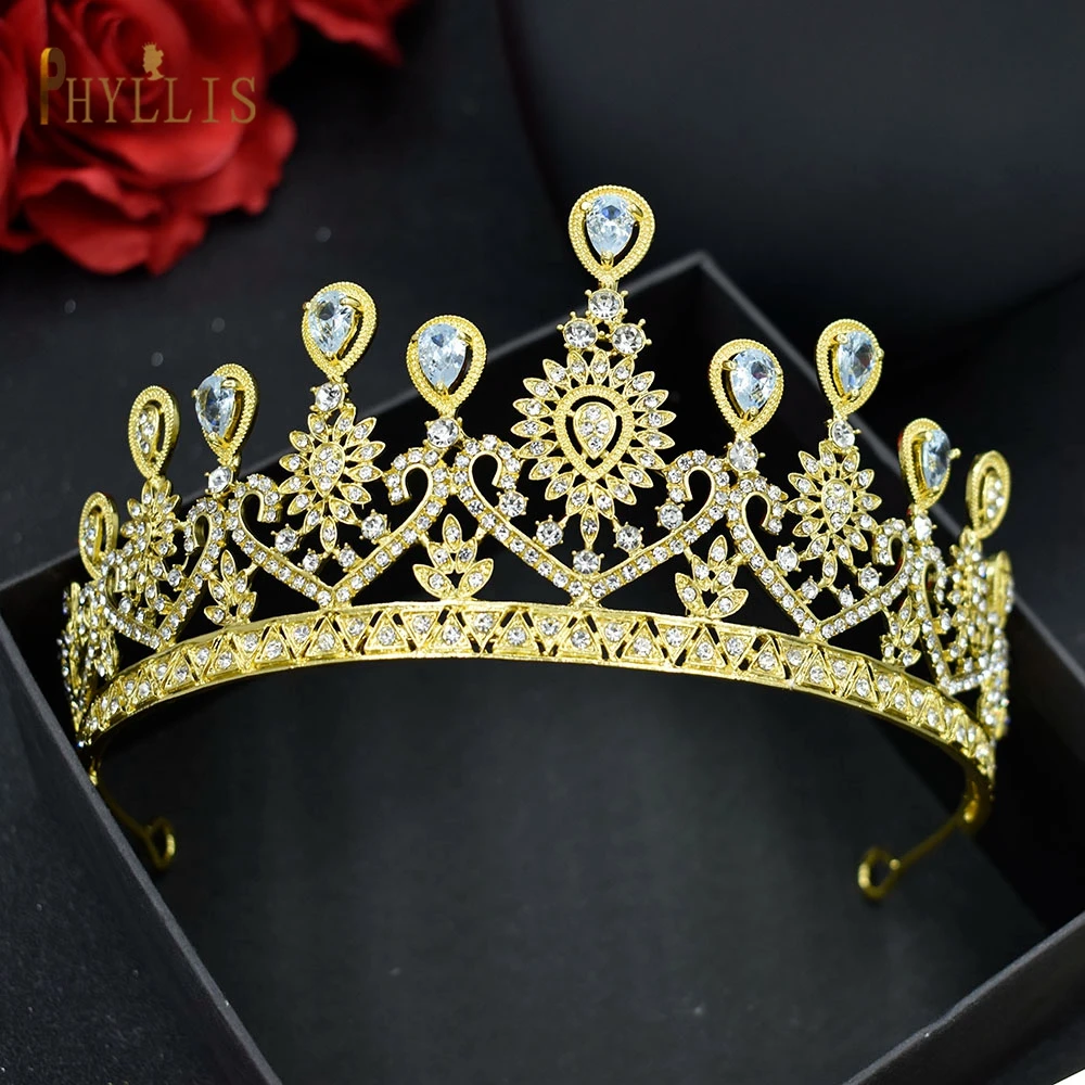 A158 New Golden Bride Crown Princess Headwear Birthday Rhinestone Headband Wedding Hair Jewelry Bridal Tiaras Vintage Headpieces