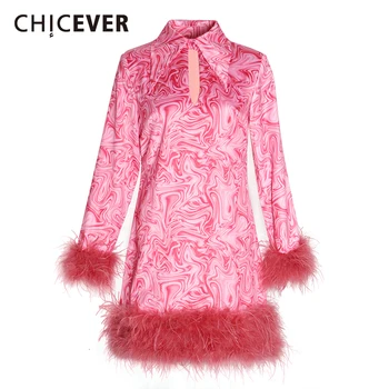 

CHICEVER Patchwork Feathers Print Dress Women Lapel Collar Long Sleeve Tassel Mini Dresses Female 2020 Fashion Clothing New Tide