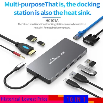 

2020 10in1 Type C USB C Docking Station HDMI VGA RJ45 Ethernet USB 3.0 Micro SD TF Card Reader 3.5mm Audio For Macbook PC