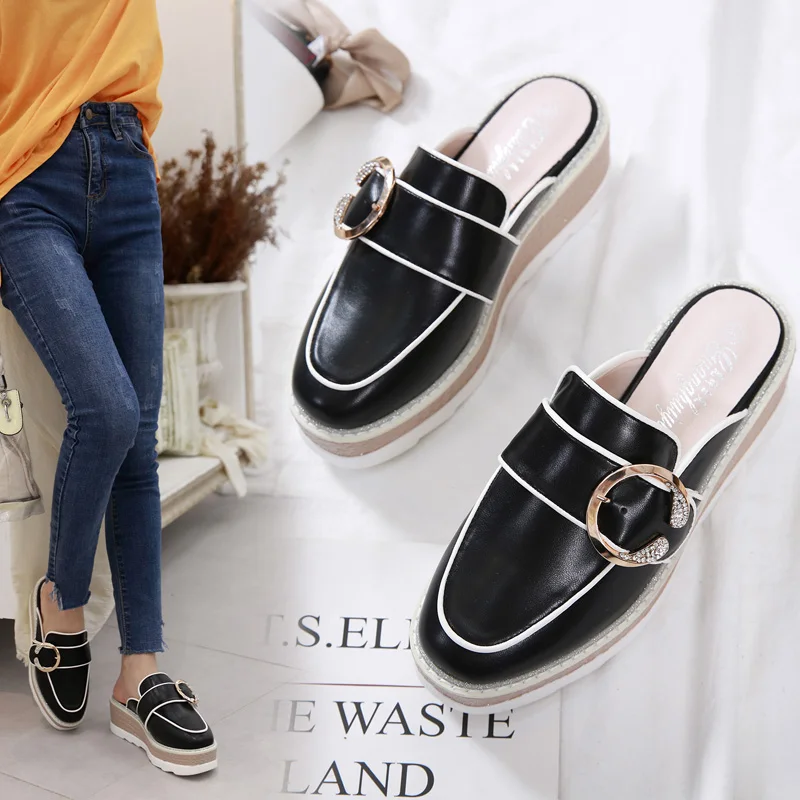 

Shoes Woman Platform Heels Mules Metal Buckle Square Toe Slide Wedges Sandals Summer Slip on Loafers Sapato Feminino Black white