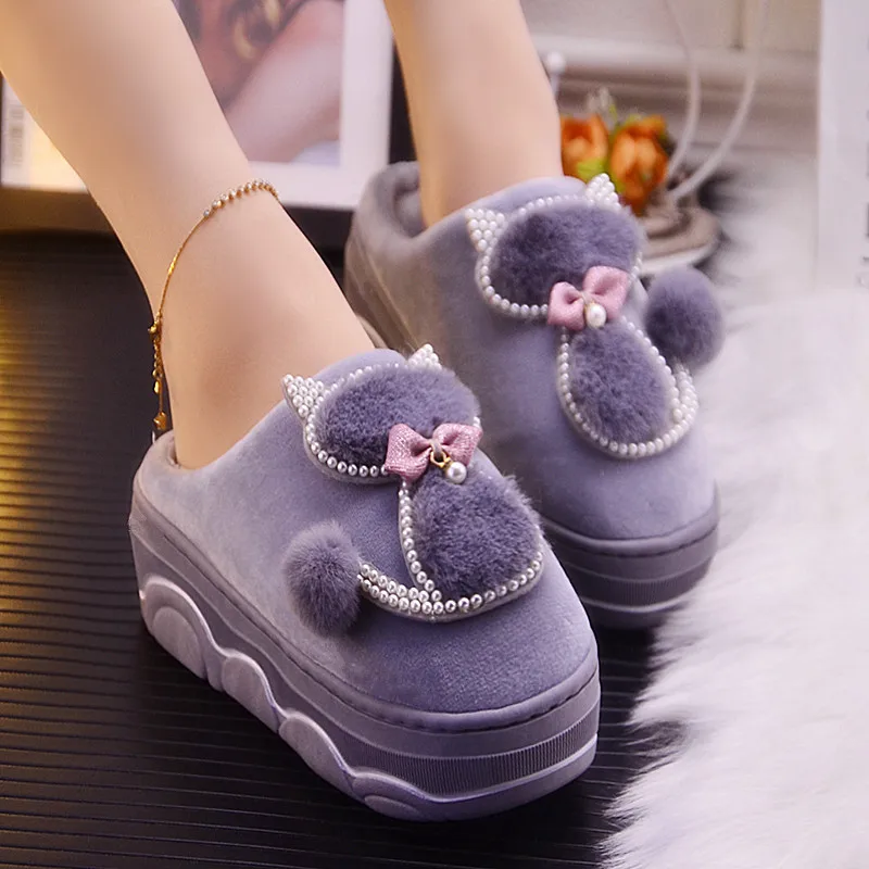 Тапочки с рисунком кота; зимняя женская домашняя обувь с жемчугом; модные хлопковые тапочки на плоской подошве; женская обувь на платформе - Цвет: Grey A