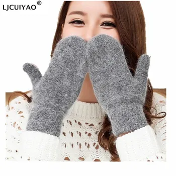 

LJCUIYAO Women Winter Gloves Wool Spandex Red Gloves White Thicken Warm Wool Cashmere Solid Glove Men Full Finger High Quality