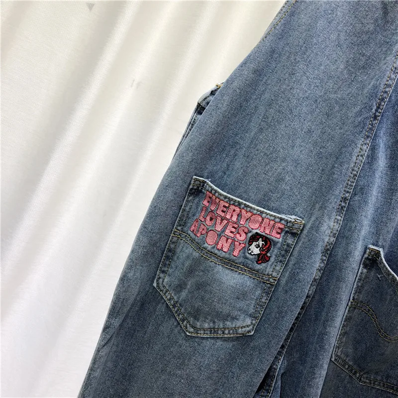 Harajuku/джинсы с вышивкой клубники; женские винтажные прямые брюки; свободные джинсовые комбинезоны с большими карманами; джинсовый комбинезон с героями мультфильмов