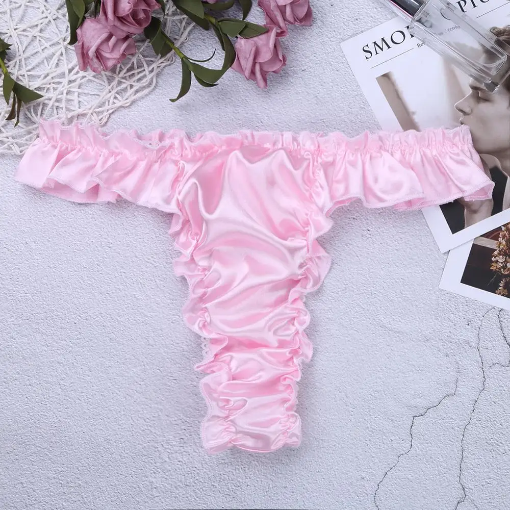 Sexy Men Satin Bikini Briefs Thong Underwear Soft Shiny Ruffled Frilly Sissy Panties High Cut Open Butt Thongs Erotic Lingerie