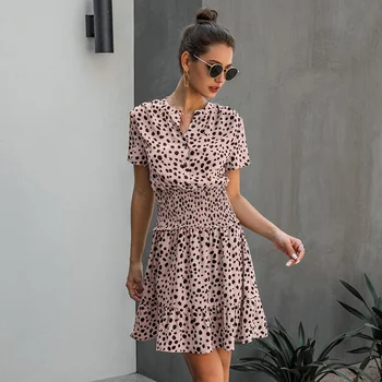 

2020 Summer Print Button Dress Women Casual O Neck High Waist Fashion Short Sleeve Dress