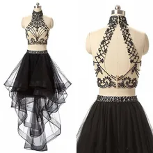 Черные двухсекционные платья для выпускного вечера Дешевые Бисерные спинки тюль Высокая шея 8th Короткие Выпускные Платья вечерние Hi-Lo Prom