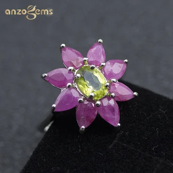 

Anzogems natural peridot ruby flower ring 925 sterling silver 4.5ct gemstone fine jewelry for women's mother's day gift gorgeous