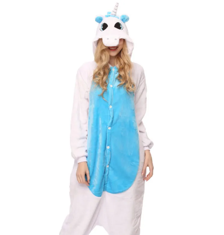 Blue Unicorn Женские Фланелевые пижамы в виде животных для сна, пижамы для взрослых, милый единорог, Лимур, тигр, стежок, Мультяшные комбинезоны, пижамные комплекты - Цвет: Blue Unicorn