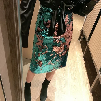 

2020 Spring New Fashion Gradient Sequined Mid-length Skirt Lady Retro High-waist Back Slit Slim Fit Pencil Skirt