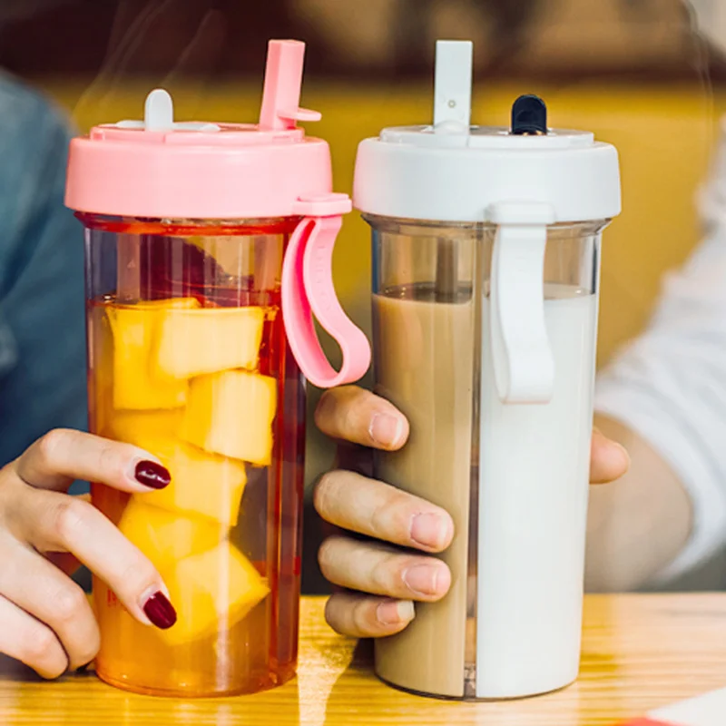 

Portable Creative Two Straws Water Bottle Outdoor Travel Sport Leak-Proof Drinking Pair Cup with Handle Dual-Use Drinking Bottle
