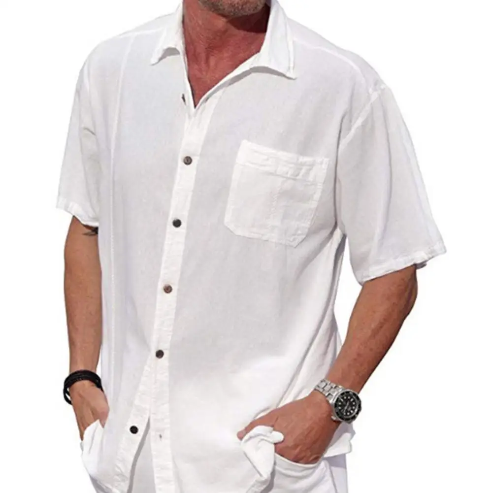 

New Men Solid Color Linen Short Sleeve Shirt Summer Button Turn Down Collar Top