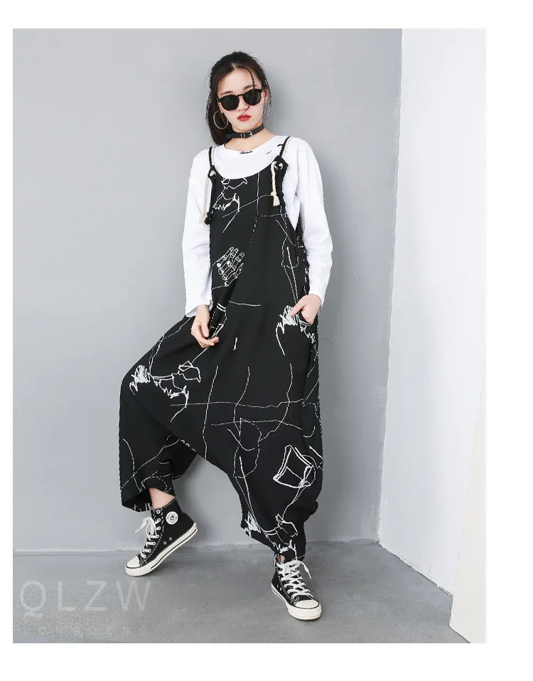 Fashion Tide Spring New Print Hanging Conjoin Jumpsuit Black Personality Street Large Size Trousers Female's Pants YG59111