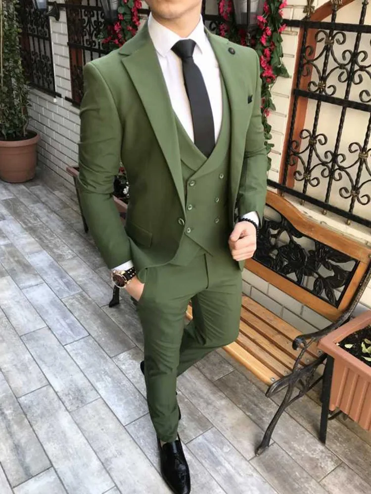 Mens suit Made Men Suits Olive Green Groom Tuxedos Notch Lapel Groomsmen Wedding Best Man 3 Pieces ( Jacket+Pants+Vest+Tie ) C894