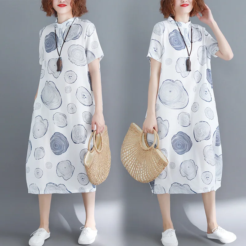 

Photo Shoot 2019 Summer New Style Fashion Tree Printed Literature And Art Large Size Fat Mm Short Sleeve Cotton Linen Dress