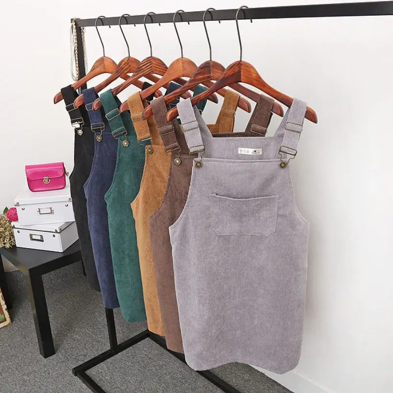 

Autumn Fashion Women Corduroy Suspender Retro Summer Street Stylish Sundress O-Neck Overall Vest Ladies Short Mini Dress