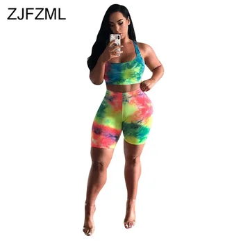

Women Fitness 2 Piece Sweat Suit Festival Clothing Colorful Tie Dye Print Crop Top Skinny Short Lounge Wear Two Piece Tracksuits