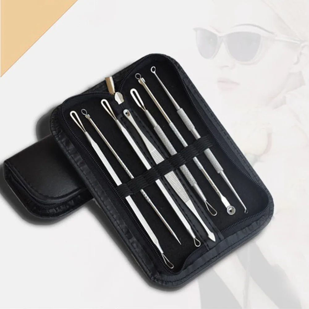 7Pcs Stainless Steel Blackhead Extractor Remover Tool Pimple Blemish Extractor Facial Skincare Set Kit With Leather 4