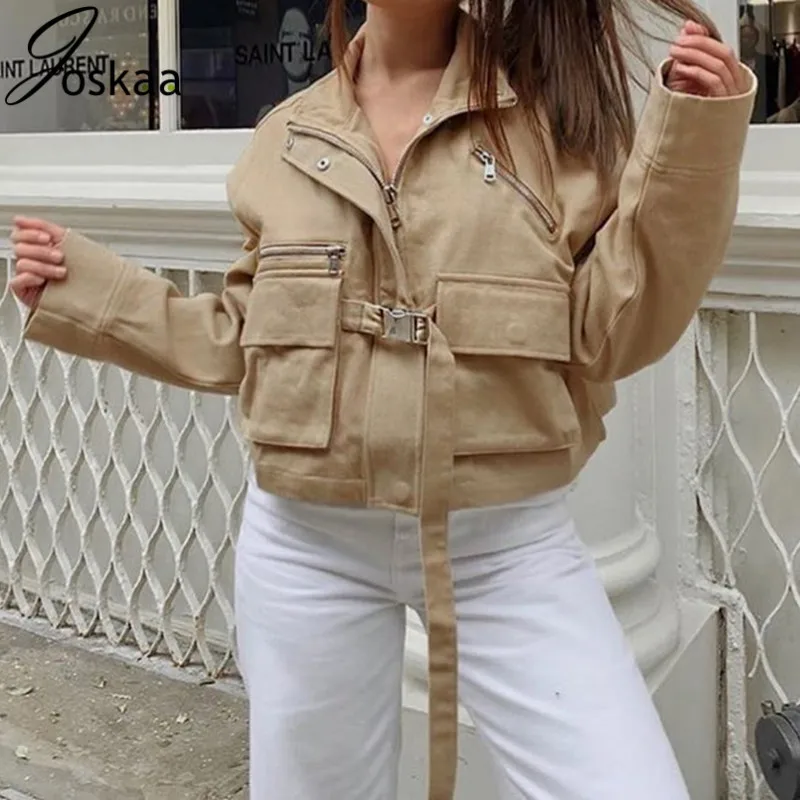 

Joskaa Streetwear Autumn Winter Cargo Jacket Women Zipper Buckle Fashion Jackets Coats Pockets 2019 Cropped Jackets Outwear