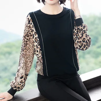 

Europe New 2020 Women's Spring O Neck Long Sleeve Leopard Knitted Patchwork T Shirt Tops Female Casual Loose Oversize Hot Shirts