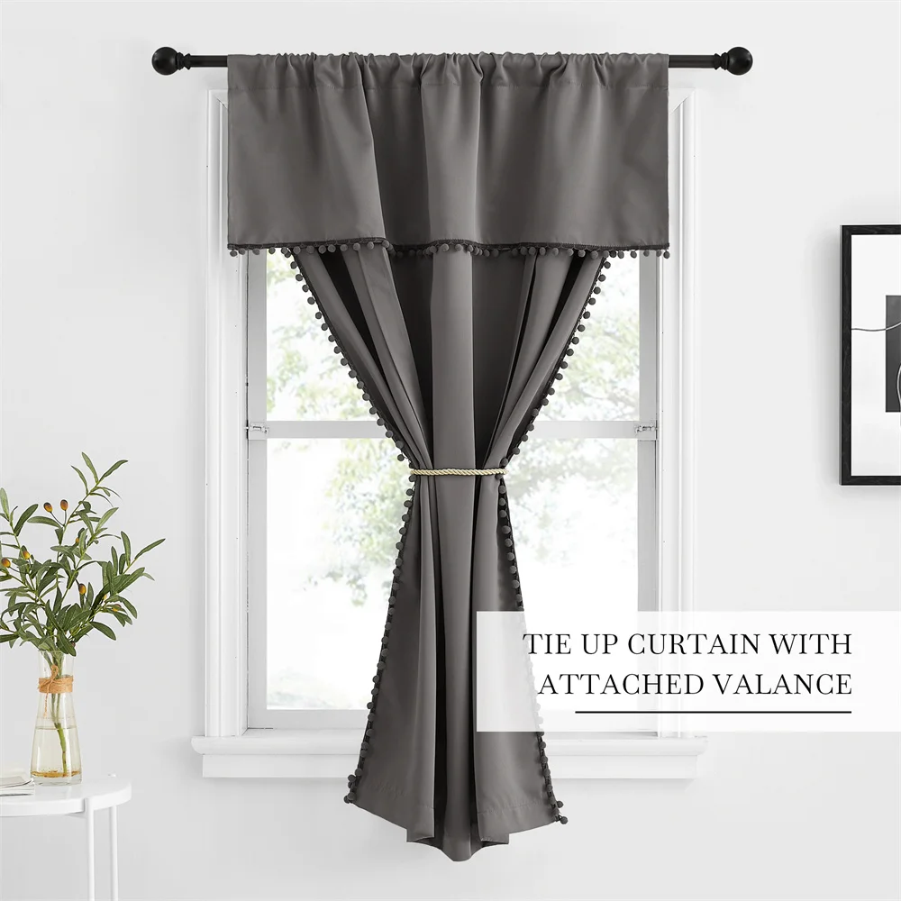 NICETOWN Tie Up Shade Rod Pocket Blackout Curtain with Small Ball Modern European and American Style for Kitchen Small Window