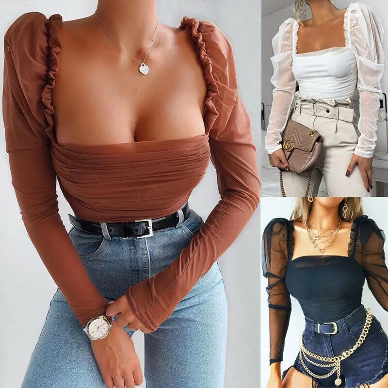 Fashion Women Sexy Lace Shirt Casual Transparent Top Solid Mesh Patchwork Women Elegant Office Puff Sleeve Ruched Blouse Tops