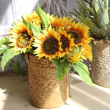 

Artificial Sunflower Flower Bouquet 1Set=7 Heads+4 Leafs Silk Fake Flowers for Party Office Decor Supply Home Garden Decoration