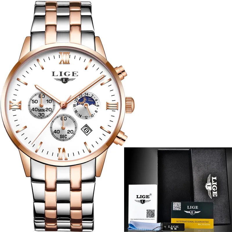 LIGE Moon Phase Мужские часы люксовый бренд полностью стальные мужские деловые модные