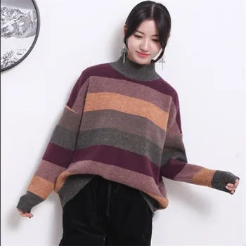 

2020 Spring New Lazy Wind Turtleneck Striped Women Sweaters And Pullovers Lady Loose Elegant Knitted Outwear Coat