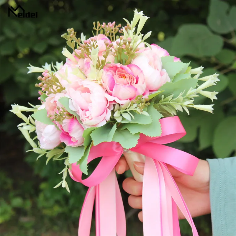 Meldel Bridal Wedding Bouquet Flower Bridesmaids Holder Artificial Silk Peony Pink Flower Bouquet Handmade Peony Wedding Decor