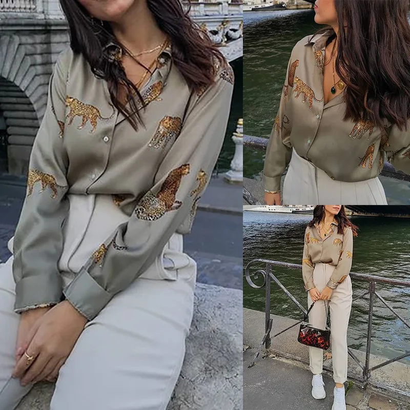 

2020 Spring Summer New Sexy Blouse Casual Women Animal Print Long Sleeved Loose High Quality Chiffon Shirt Boutique Ladies Tops
