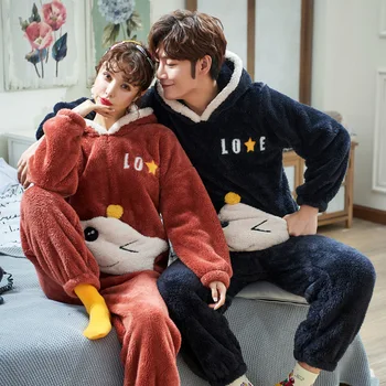 

Couple Pajama Sets Flannel Winter Pajamas Long Sleeve Full Trousers Cute Warm Thick Flannel Homewear Suit