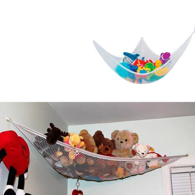 Amaca giocattolo con rete per giocattoli in macramè, per animali di peluche, con nappe, per bambini, stanza dei giochi, camera da letto (blu e giallo