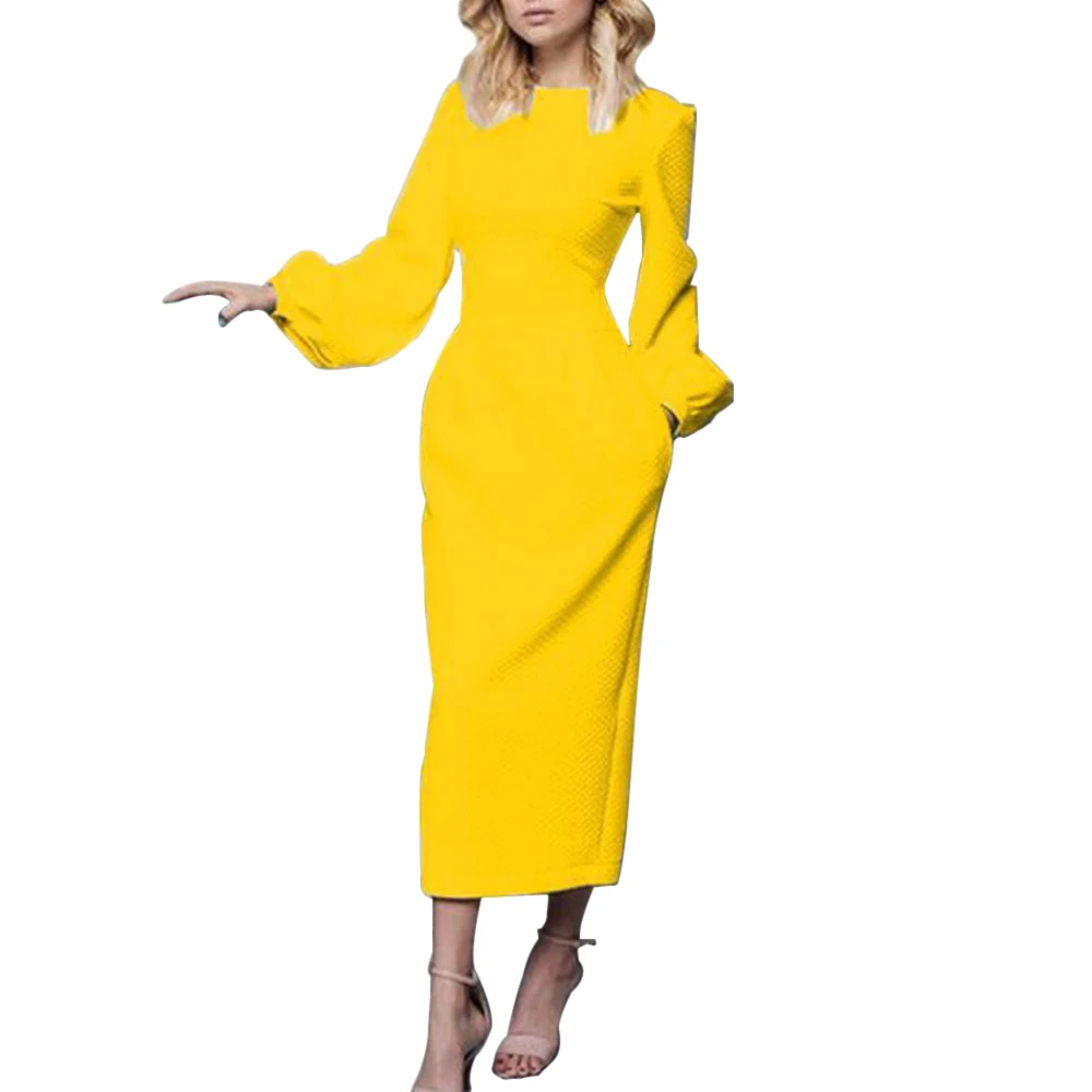 HEFLASHOR осеннее женское белое тонкое длинное платье с рукавом-фонариком, винтажная туника с карманами размера плюс, Платья для вечеринок - Цвет: yellow