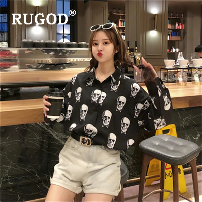 

RUGOD Korean Skull Printed Women Blouses Harajuku Turn-down Collar female Tops and Blouses Fashion loose Streetwear Blusas Mujer