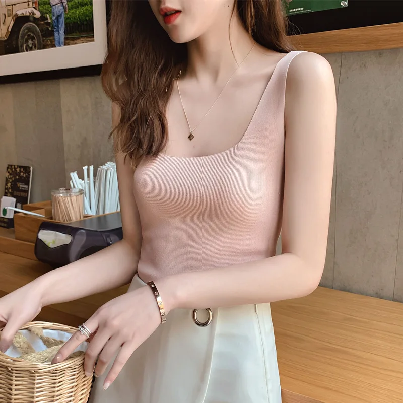 

Summer Women Sexy Big U-Neck Camisole Ice Silk Knitted Top Tanks Black White Bottoming Shirt Sleeveless Girls Fashion Party Gift