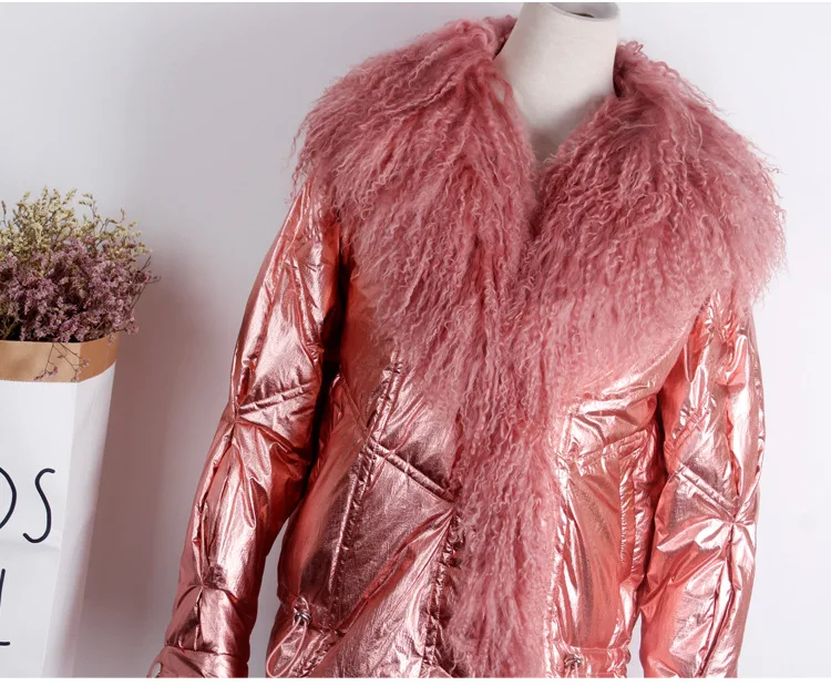Зимние теплые пуховики из натуральной козьей шерсти с меховым воротником, женские популярные модели, плотное глянцевое яркое объемное пуховое пальто F299